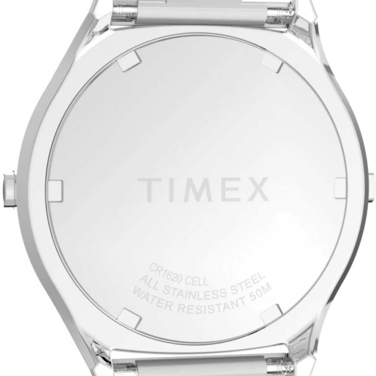 Digital steel watch caseback with TIMEX logo and water-resistance text