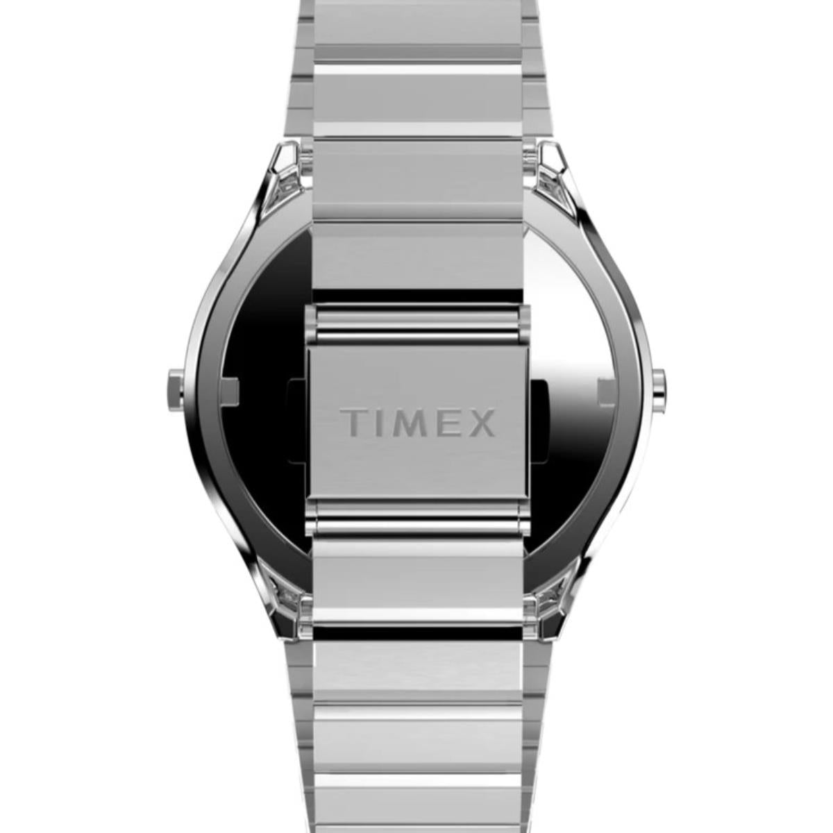 Steel watch case with dark inner dial and TIMEX on the housing