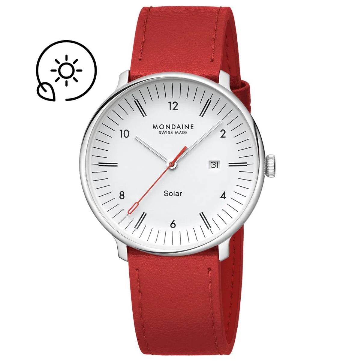 Front view of Mondaine Doppio MLE.41910.LCV solar watch with white dial, red leather strap, date window, and a solar icon