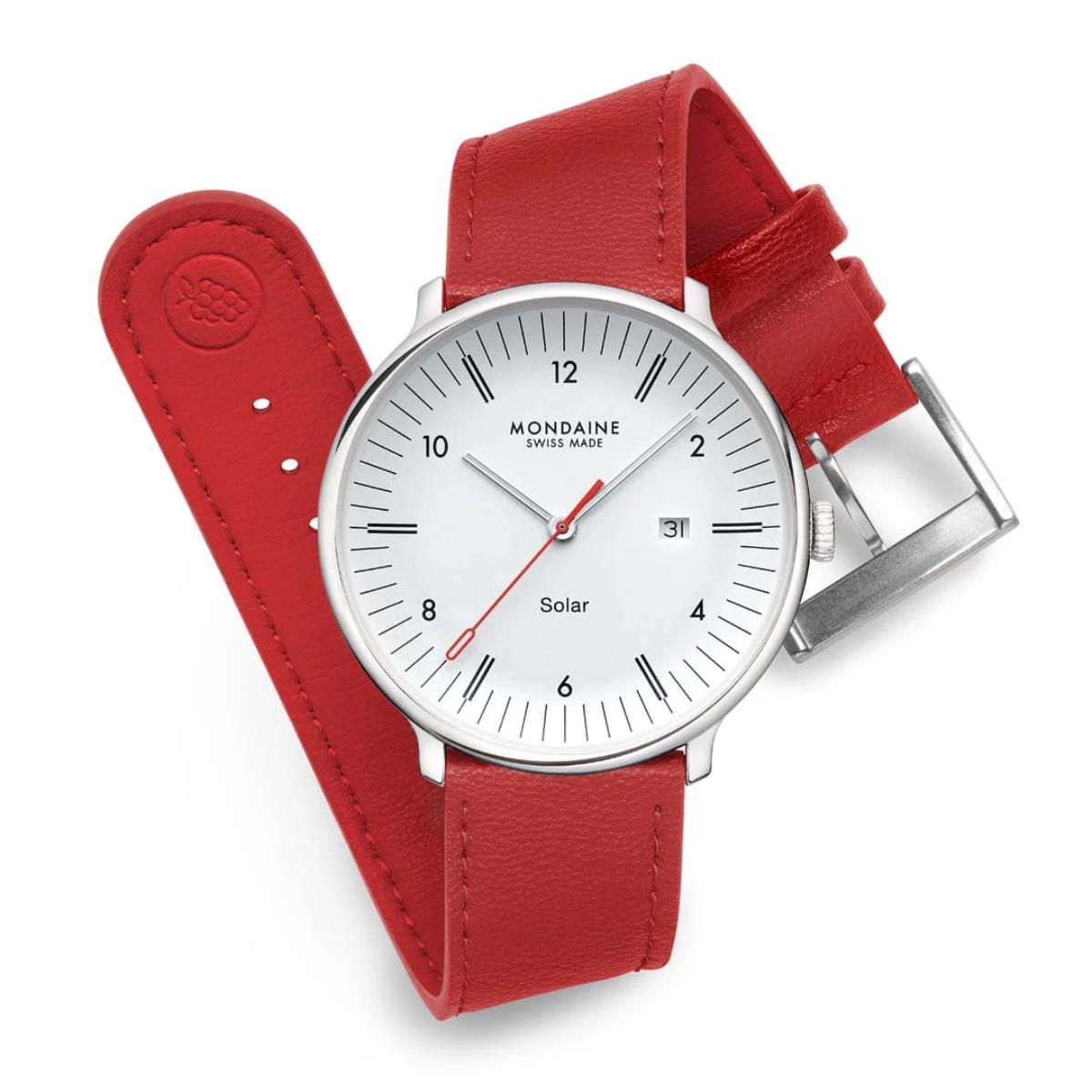 Flat-lay of the Mondaine Doppio MLE.41910.LCV watch with its red leather strap loosely curled to display the silver buckle