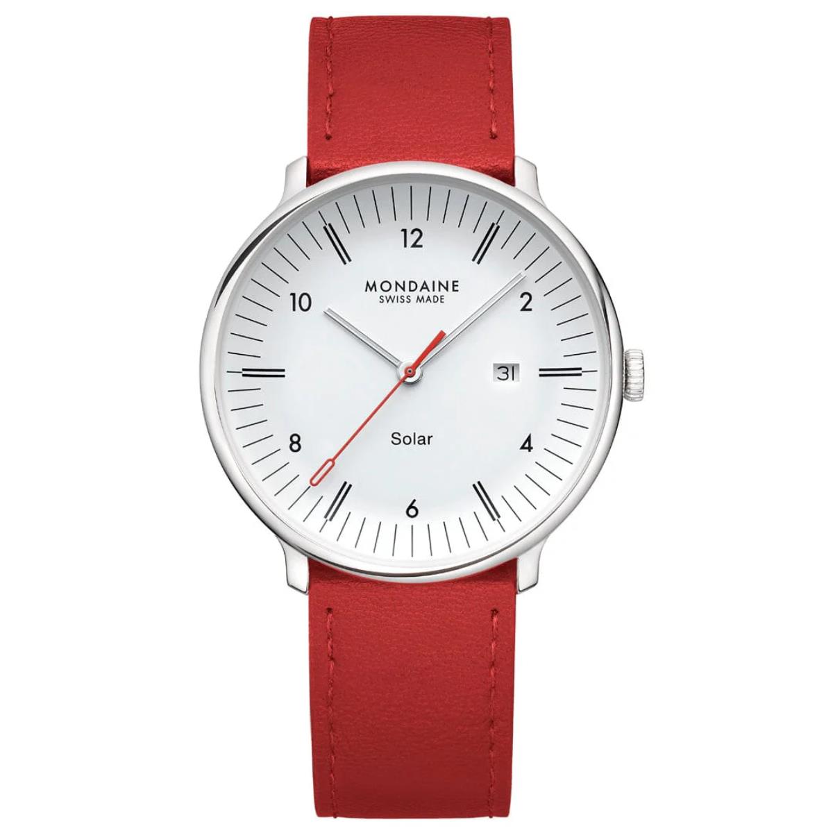 Front view of Mondaine solar watch featuring a white dial, date window, and textured red leather strap