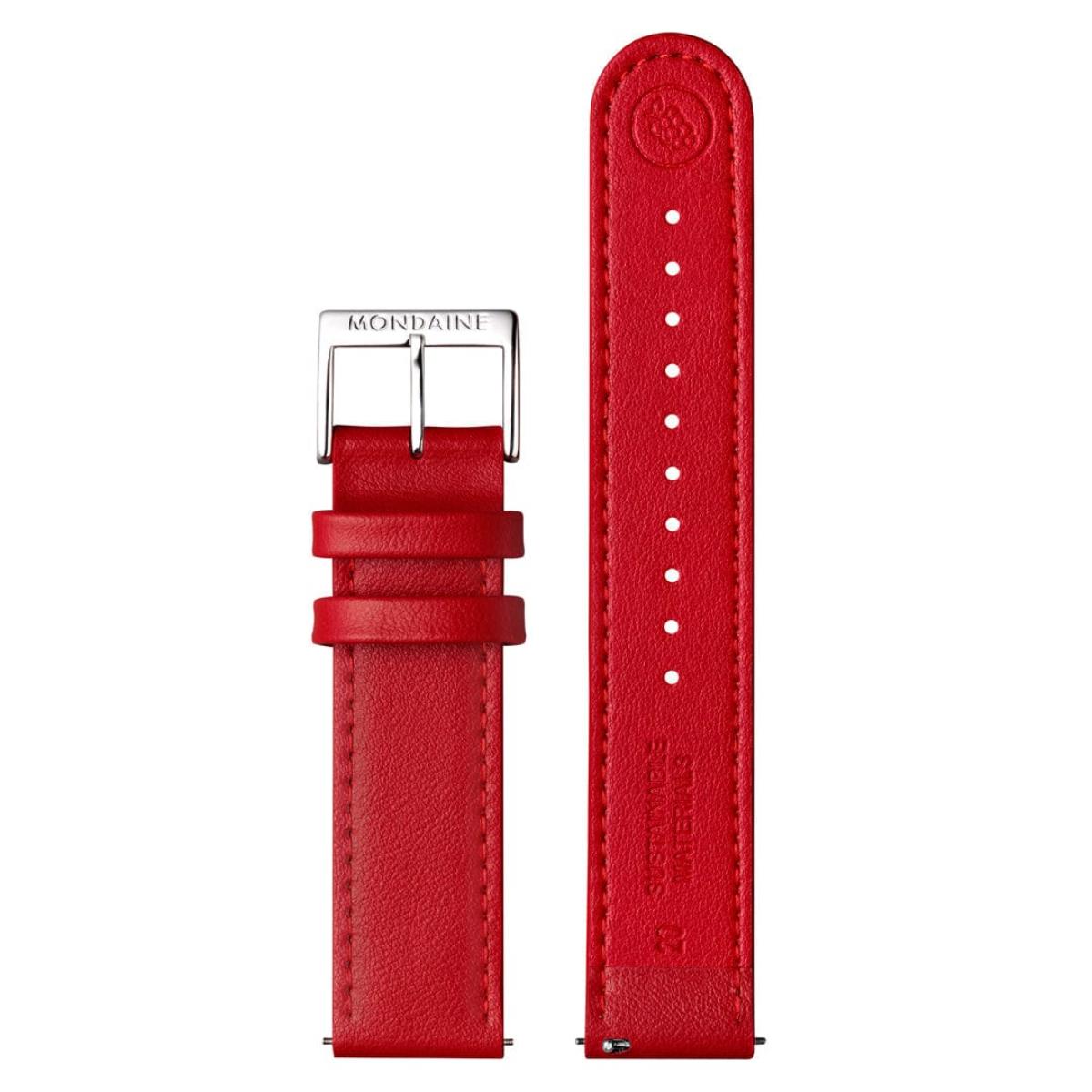 Top view of the detached two-piece red leather watch strap of Mondaine Doppio watch with a silver buckle and matching red stitching