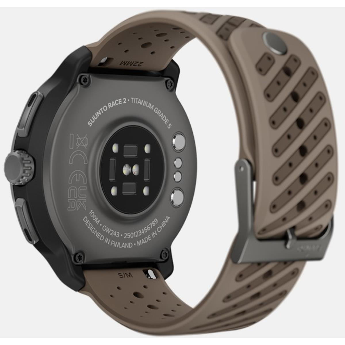 Suunto Race 2 SS051203000 titanium trail fitness watch rear casing view displaying integrated heart rate sensors and pin buckle clasp