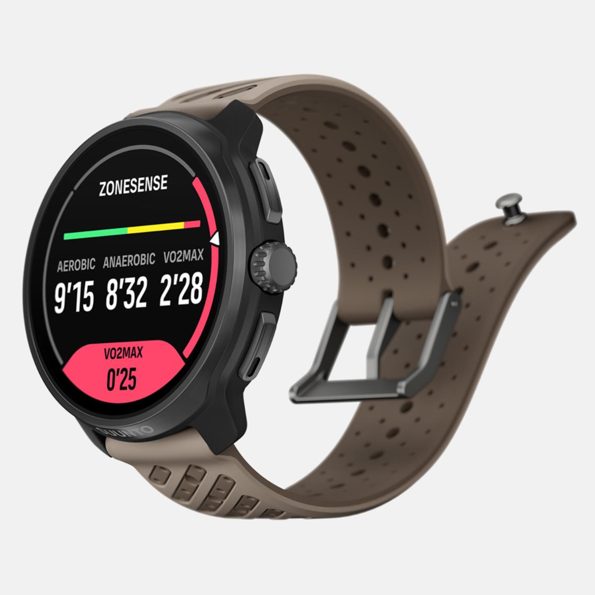 Suunto Race 2 SS051203000 titanium trail fitness watch dynamic side angle exhibiting ZoneSense metric screen readout and flexible strap loop