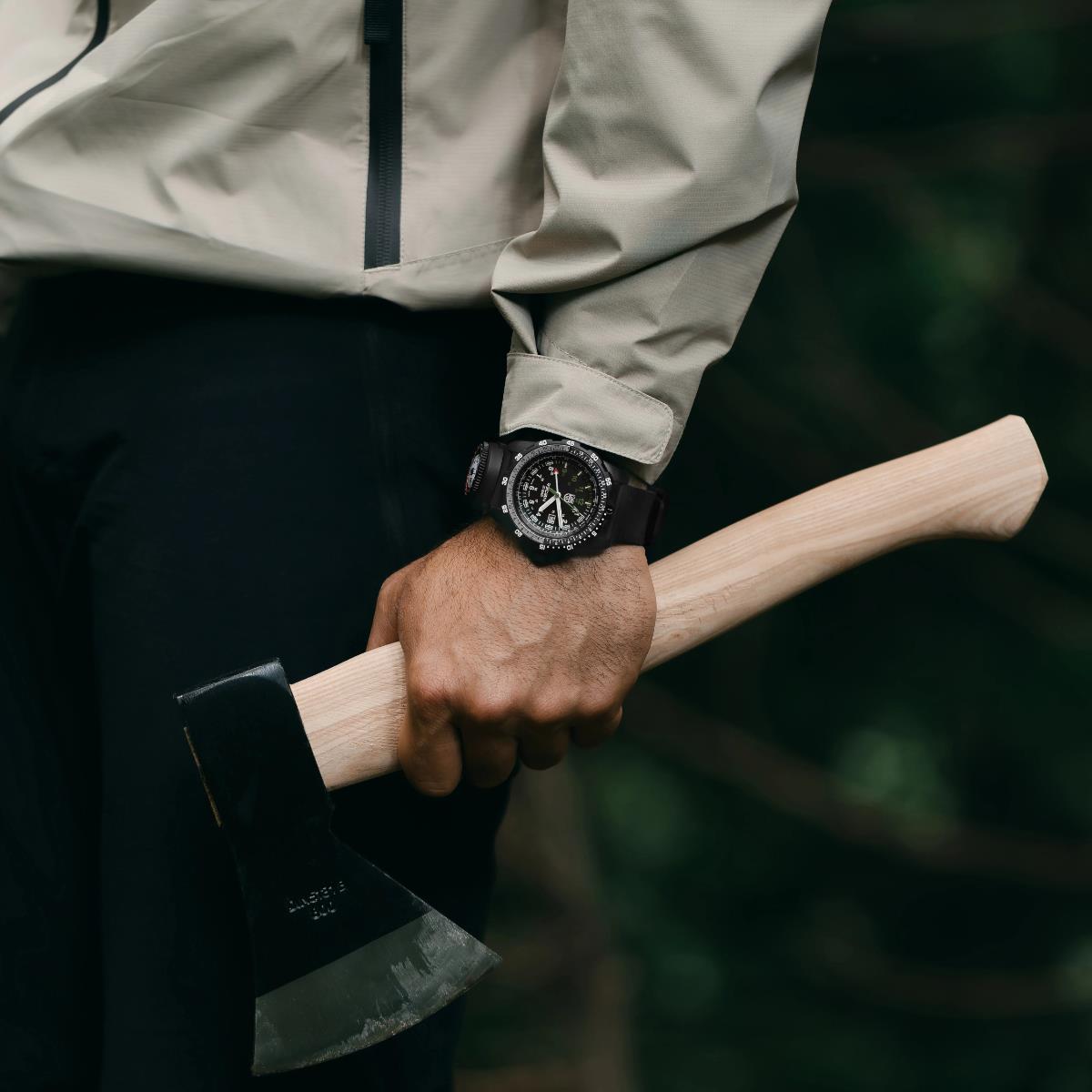 Men's Luminox Recon 46mm quartz watch with black rubber strap and black dial