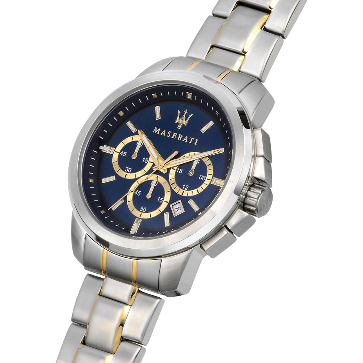 Maserati chronograph watch with blue dial, gold accents, and two-tone steel bracelet