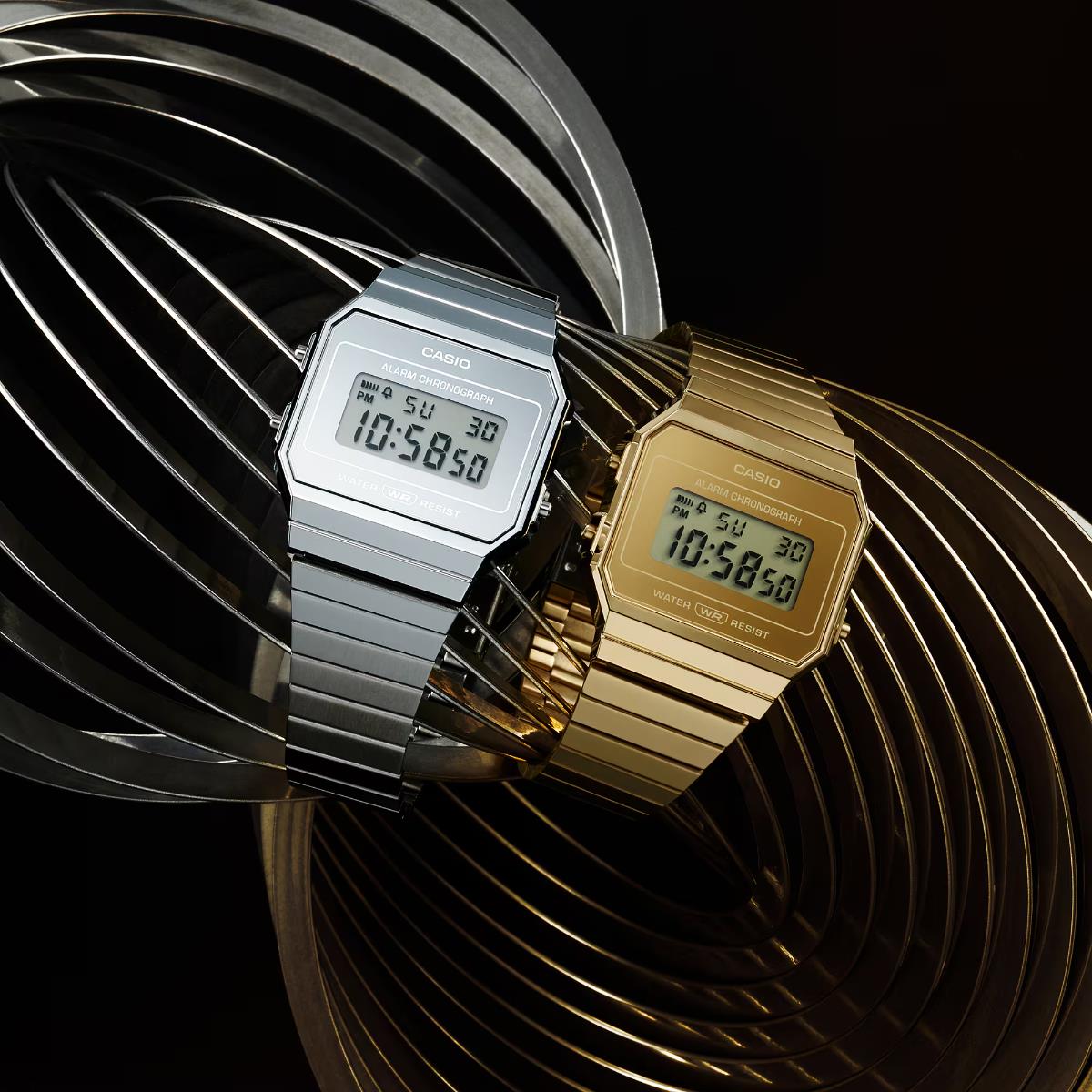 Casio Vintage A700WEV-7AEF side-by-side view featuring steel model alongside gold model
