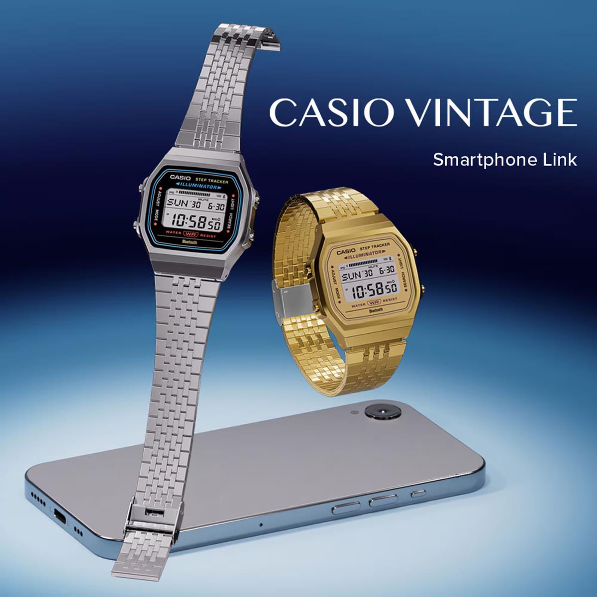 Casio smartphone link watch shown in silver and gold metal bracelets
