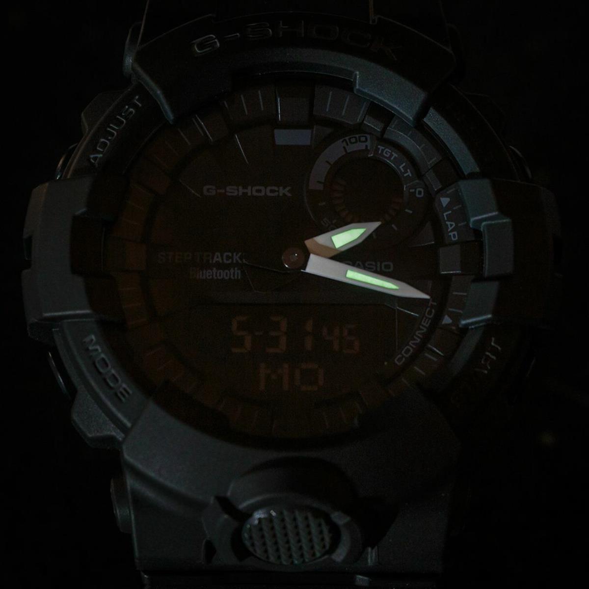 Casio G-Shock Bluetooth Digi-Analogue GBA-800-1AER close up of luminous hands in low light