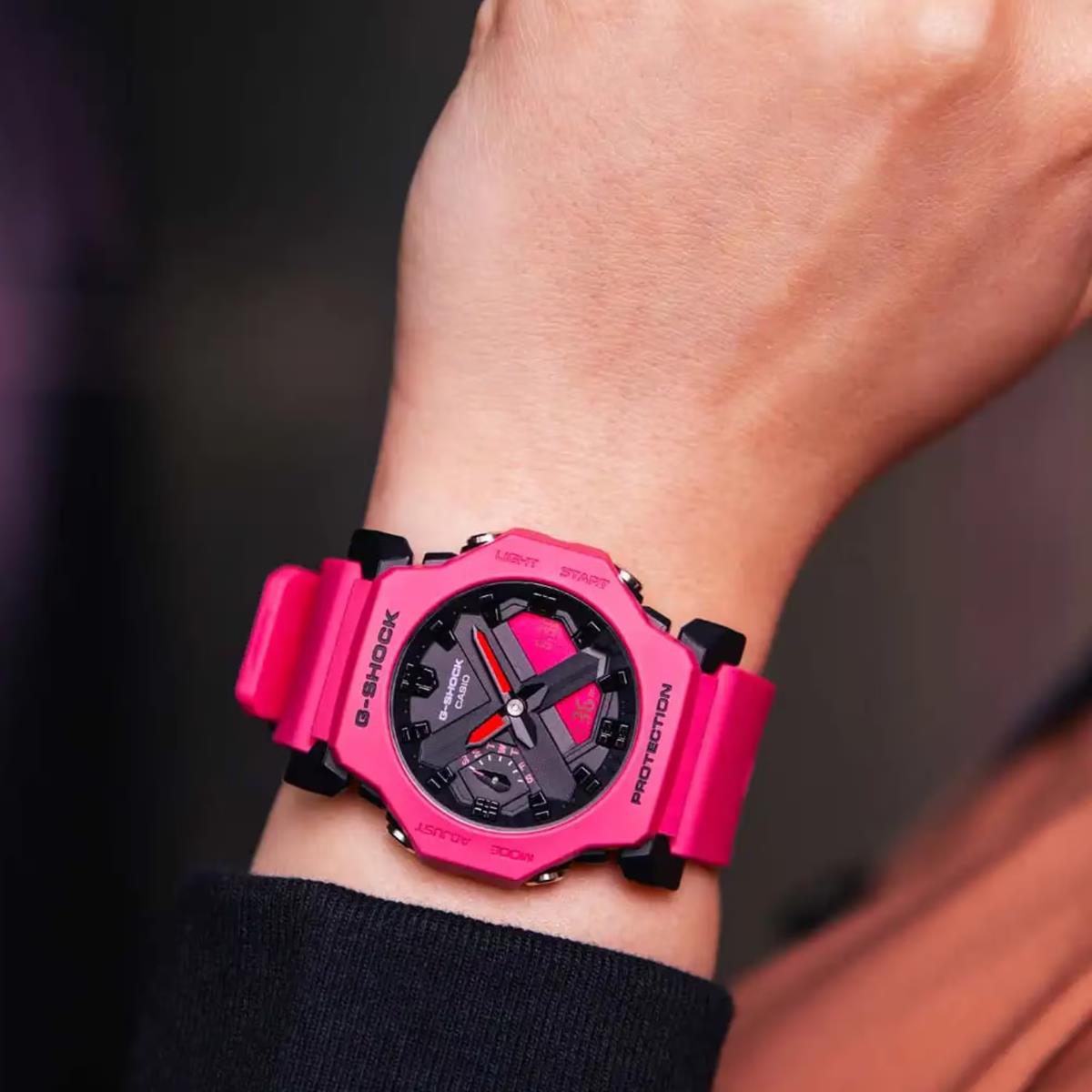 G-Shock resin strap watch with black dial and digital display, worn on wrist