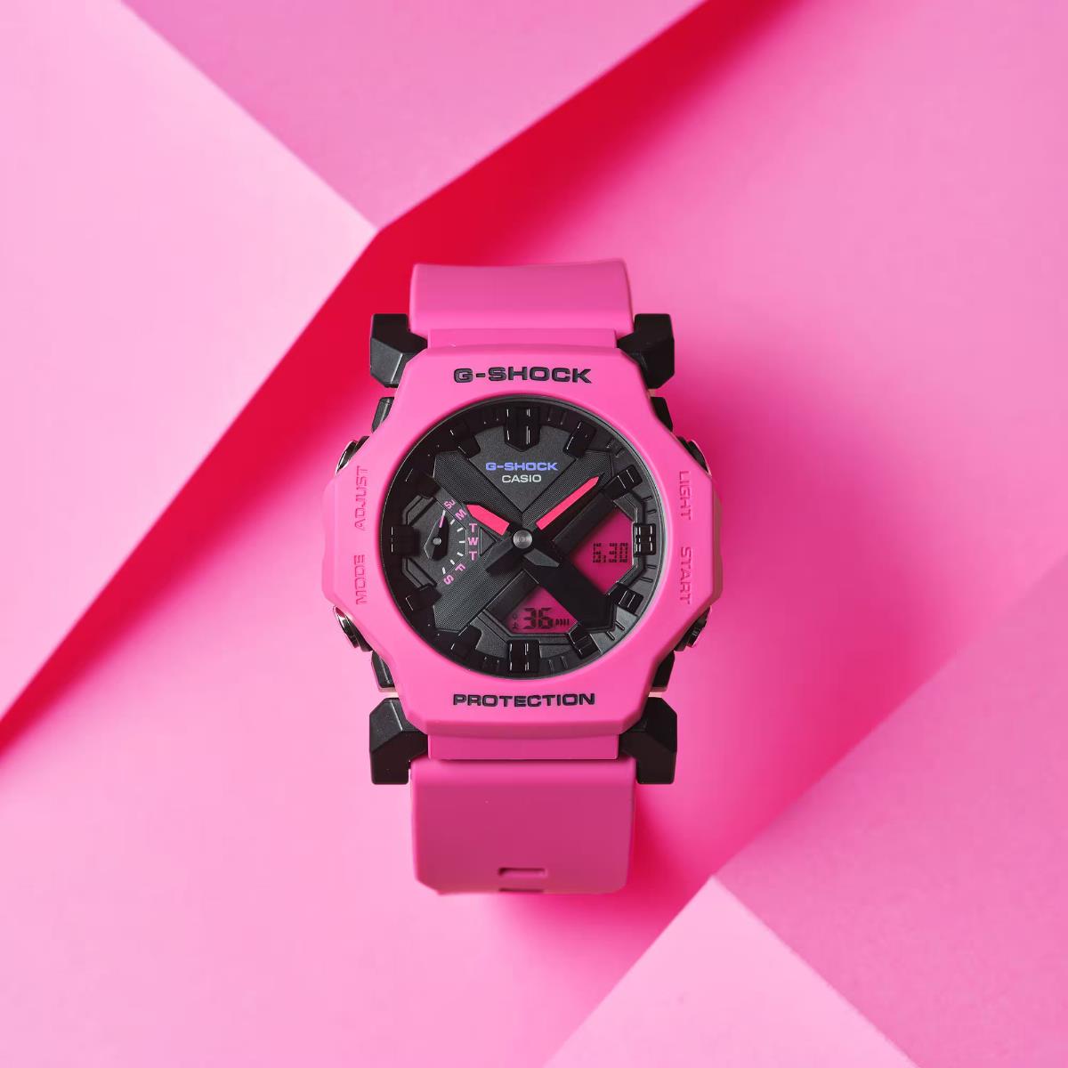 G-Shock round watch with black dial, pink resin strap, and protected bezel