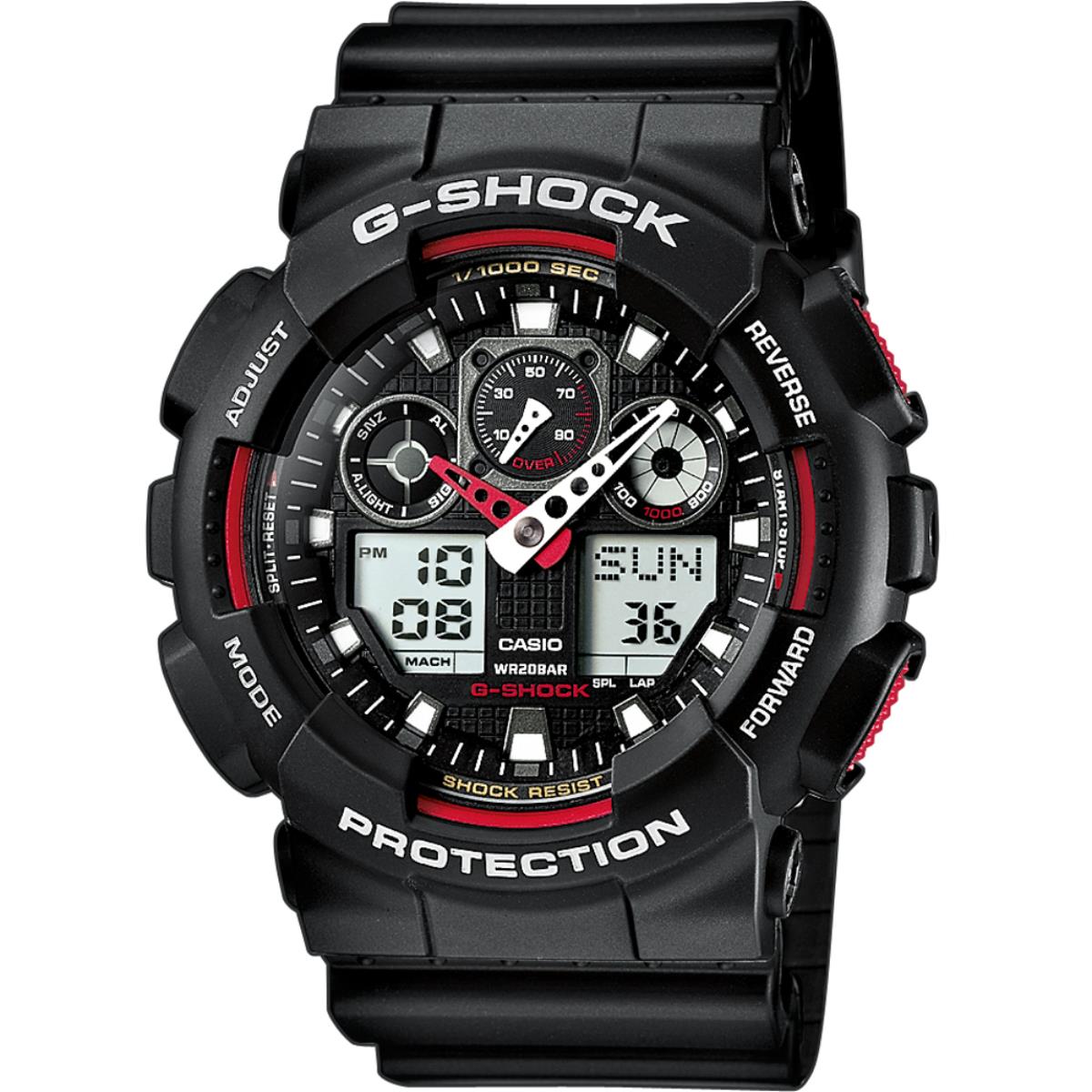 Casio G-Shock GA-100-1A4ER front view showing black dial with resin case and matching resin strap