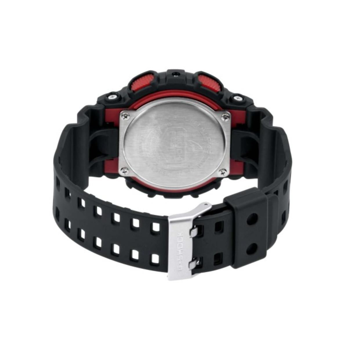 Casio G-Shock GA-100-1A4ER back view showing steel case back with resin strap buckle fastening