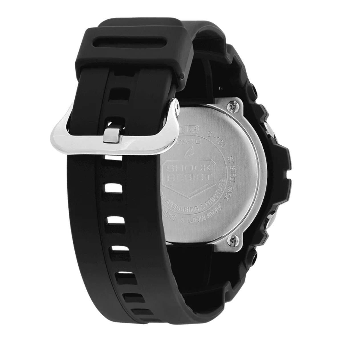 Casio G-Shock mens watch, black resin strap and round black dial with silver back