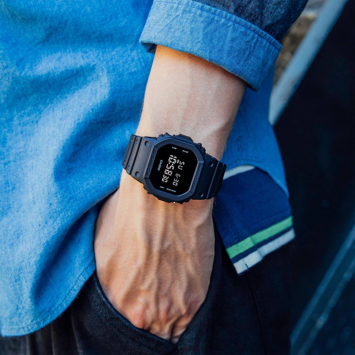 Casio G-Shock 5600 Series DW-5600UBB-1ER lifestyle view on wrist close up