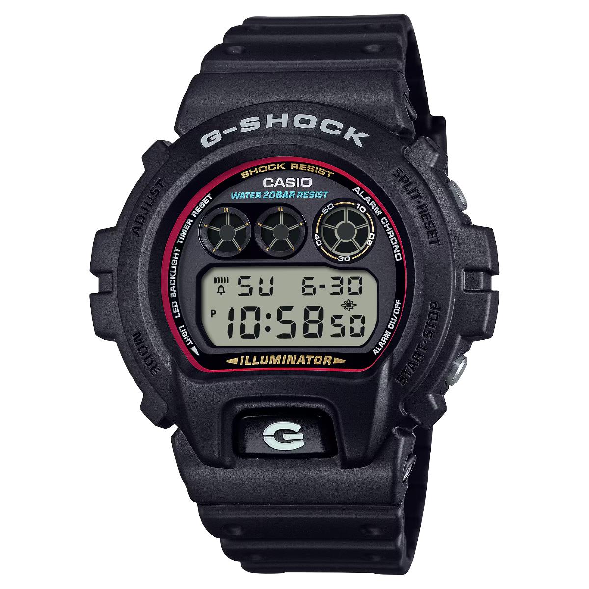 Casio G-Shock 6900 Series DW-6900RL-1ER mens quartz watch featuring a matte black resin case, red inner dial border, and triple-graph digital display