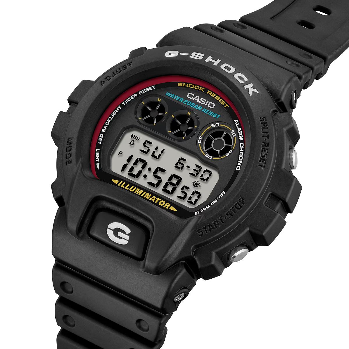 Angled studio perspective showing the black resin strap and side pushers of the Casio G-Shock 6900 Series DW-6900RL-1ER digital watch