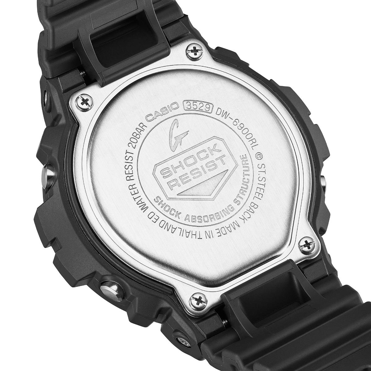 Rear view detailing the stainless steel engraved backplate and four-screw enclosure of the Casio G-Shock 6900 Series DW-6900RL-1ER