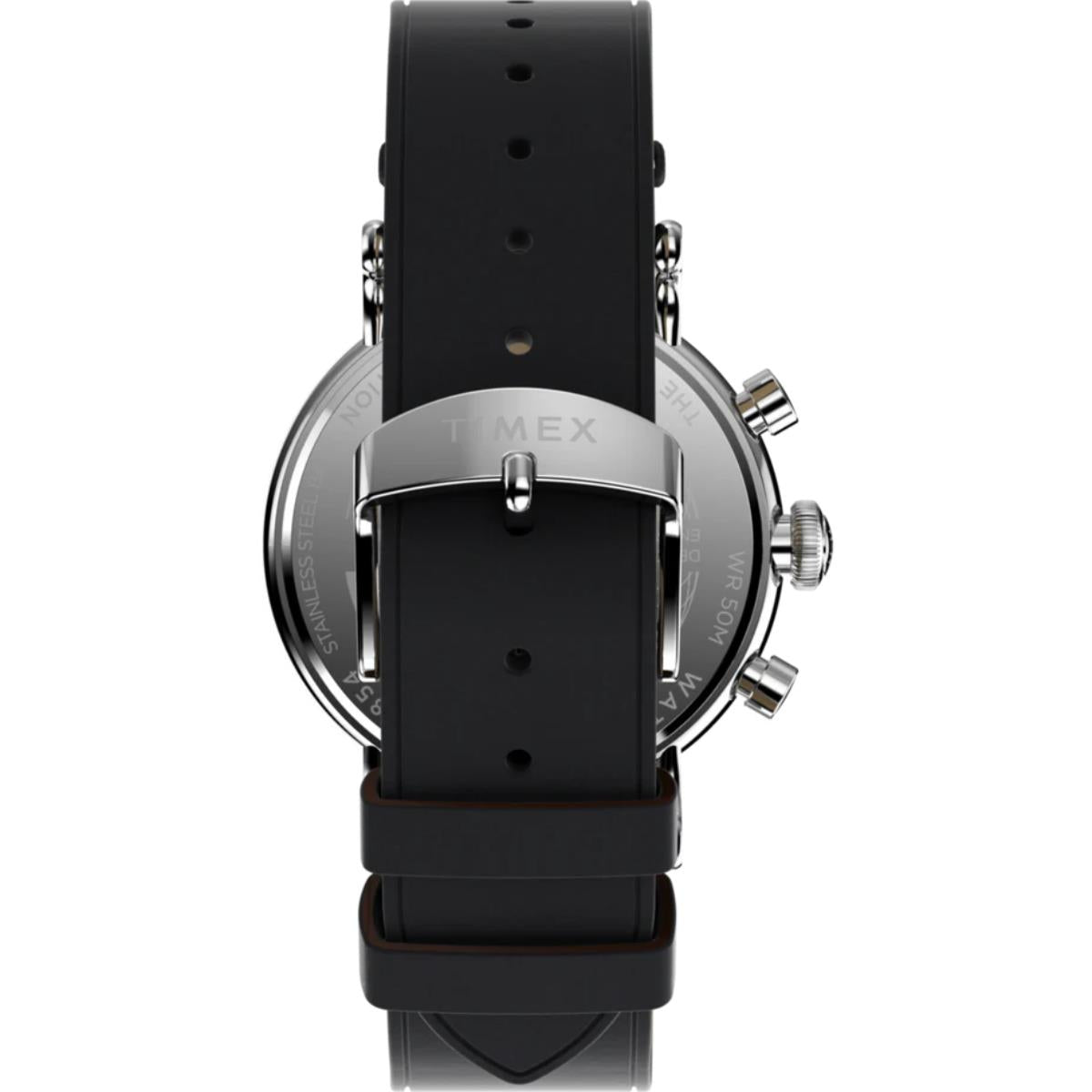 Men's chronograph quartz watch with black leather strap and black dial, pushers visible