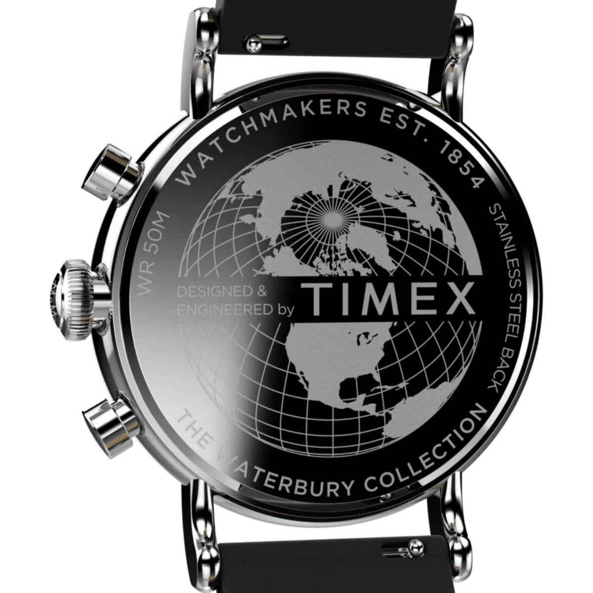 Stainless steel caseback with engraved globe and TIMEX branding, on black leather strap