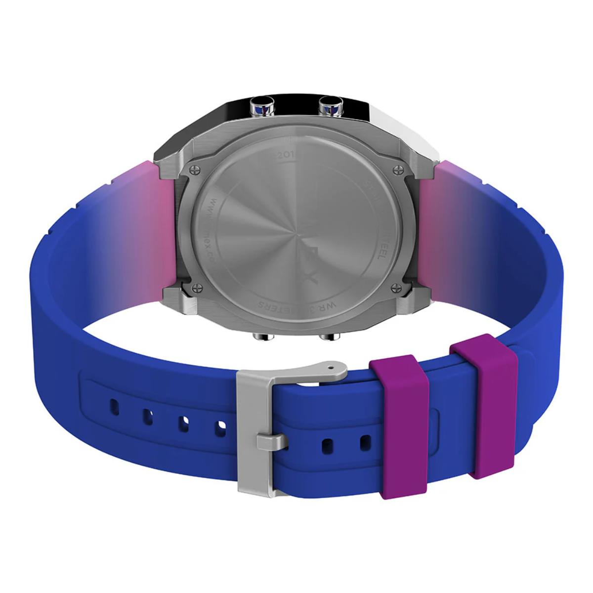 Timex T80 watch with blue and purple resin band and silver case, rear view