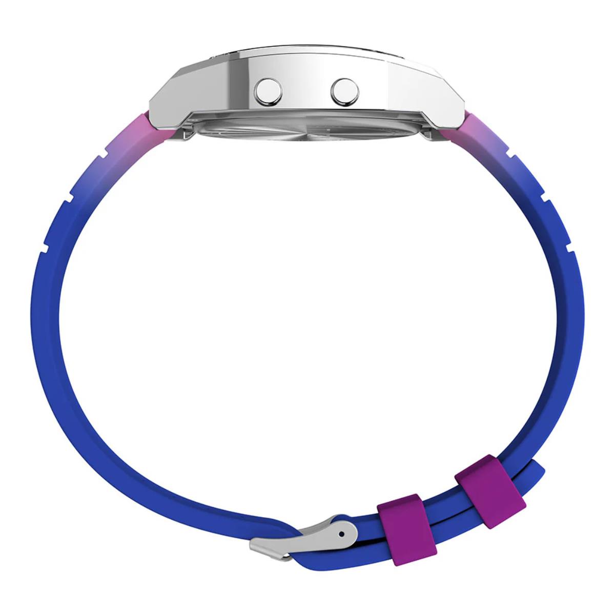Timex T80 watch side profile with blue and purple resin strap and clasp