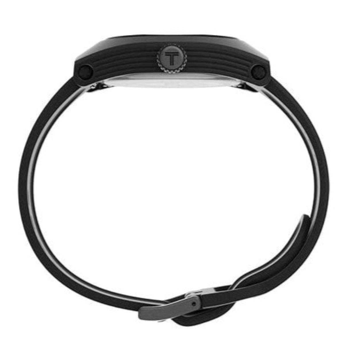 Black resin watch case with textured black band and crown, top view