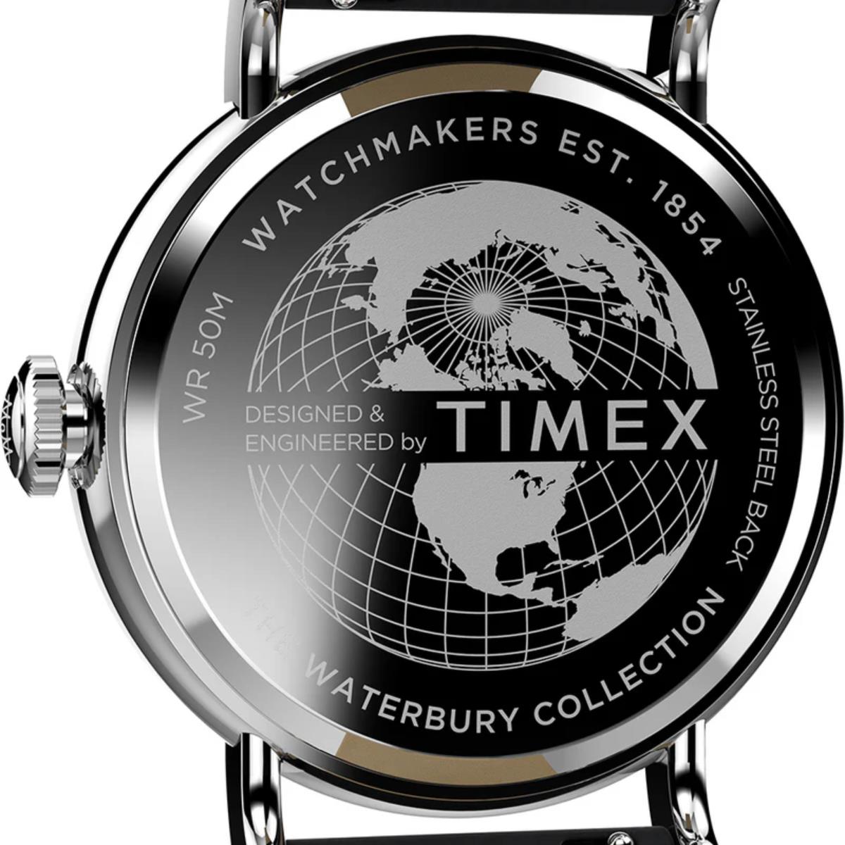 Timex Waterbury 40mm men's quartz watch with black dial and black leather strap