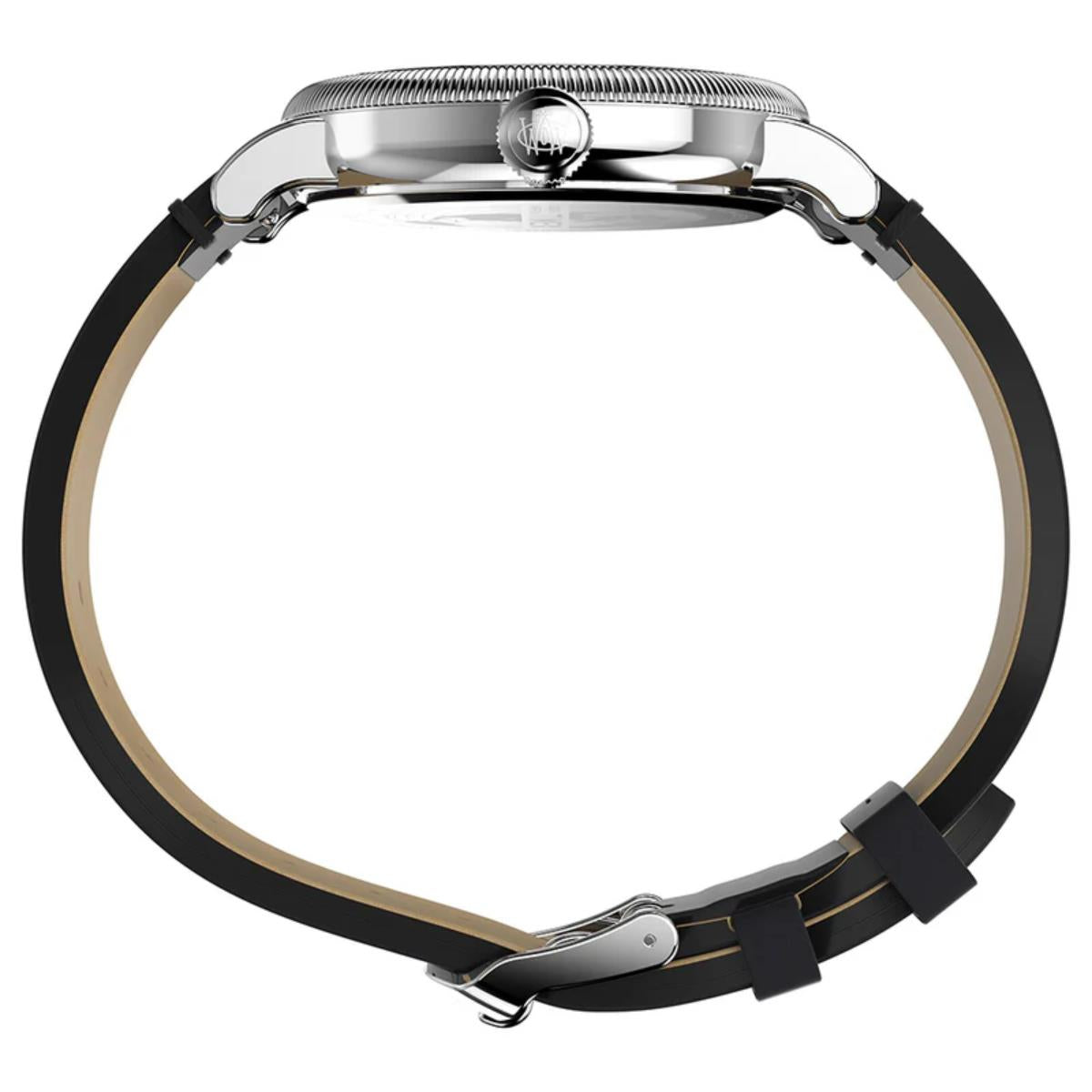 Timex Waterbury quartz watch side view with silver case and black leather strap