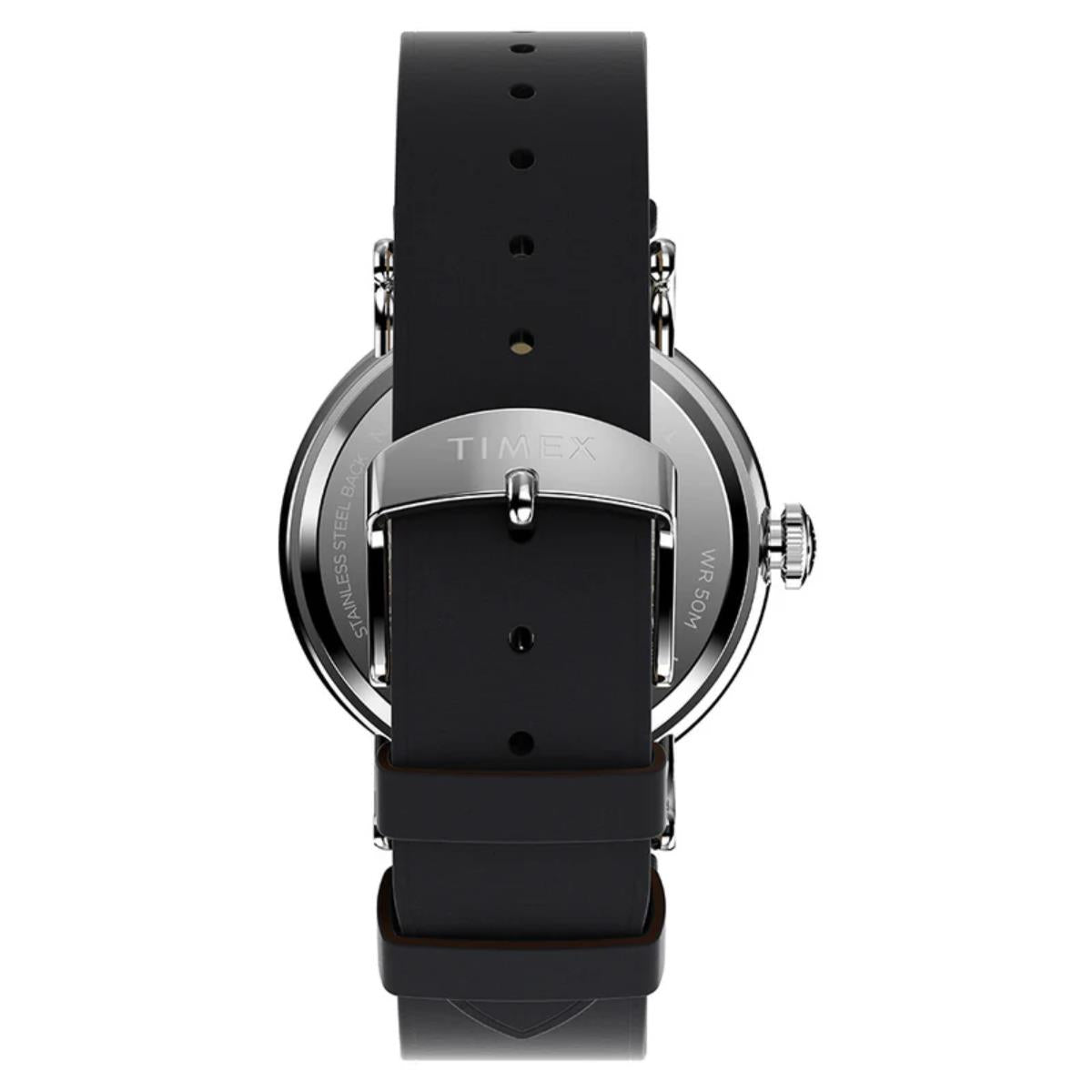 Timex Waterbury watch with black leather band and silver case back