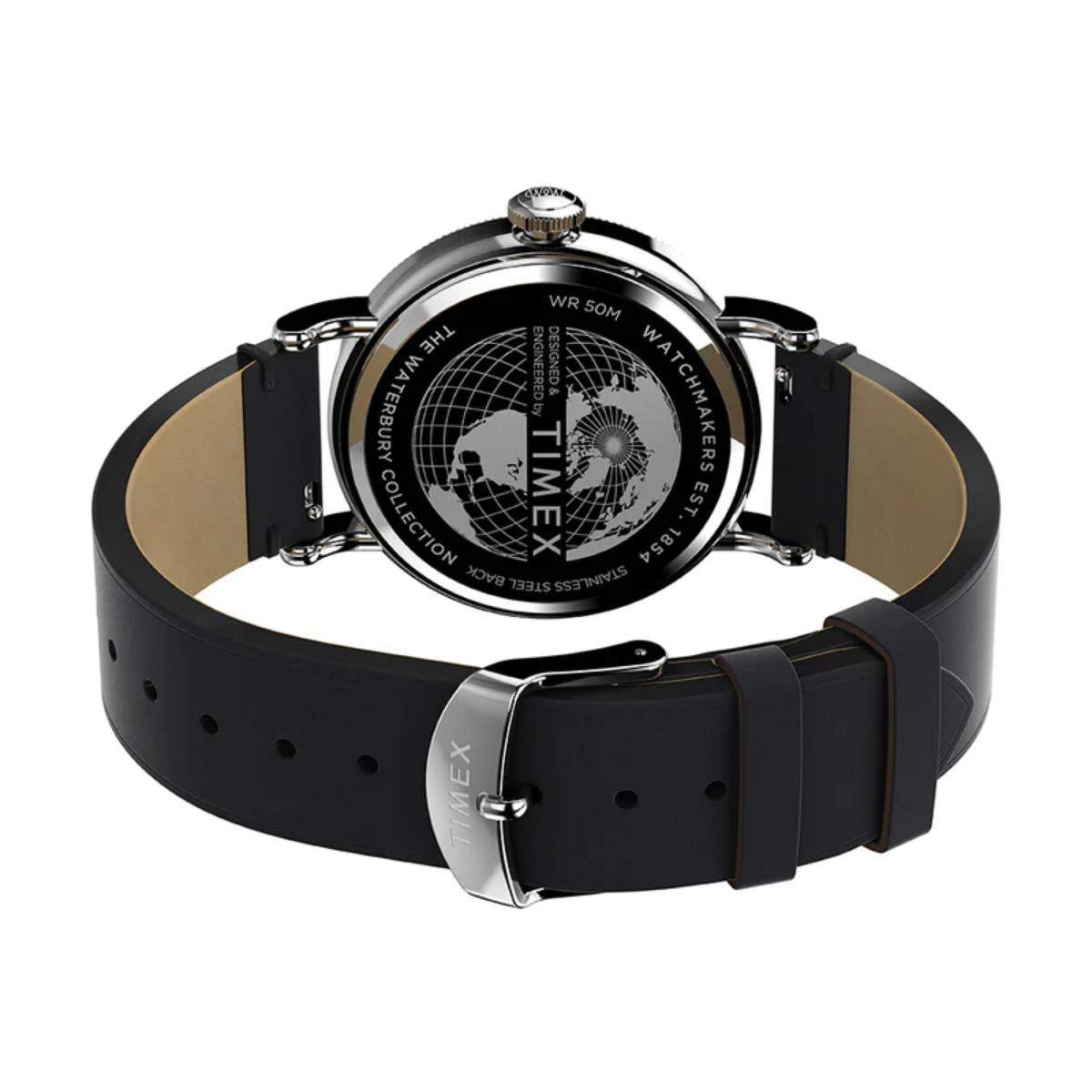Timex Waterbury watch on black leather strap with globe-style black dial