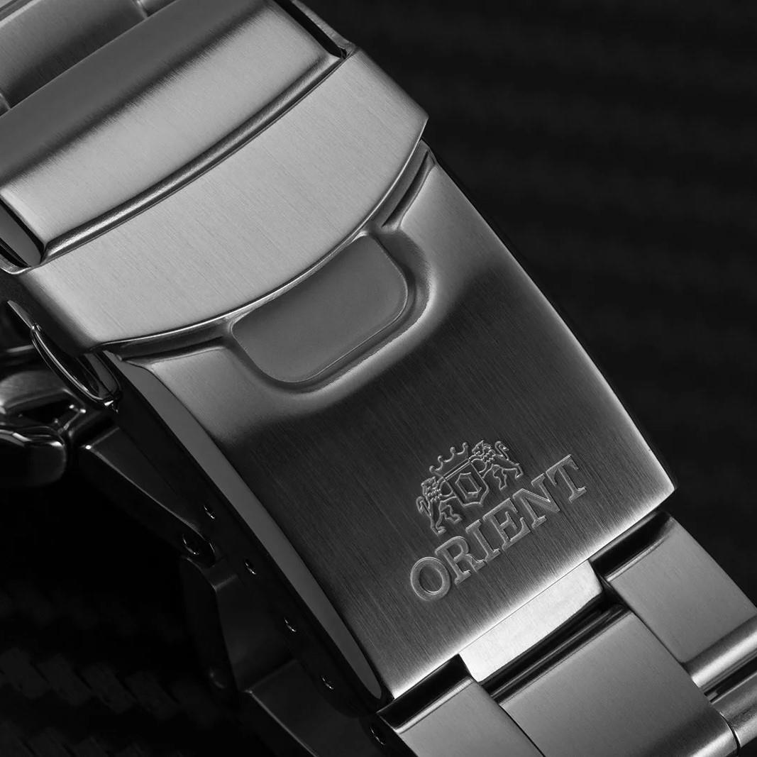 Orient steel watch clasp with engraved Orient branding on brushed bracelet links