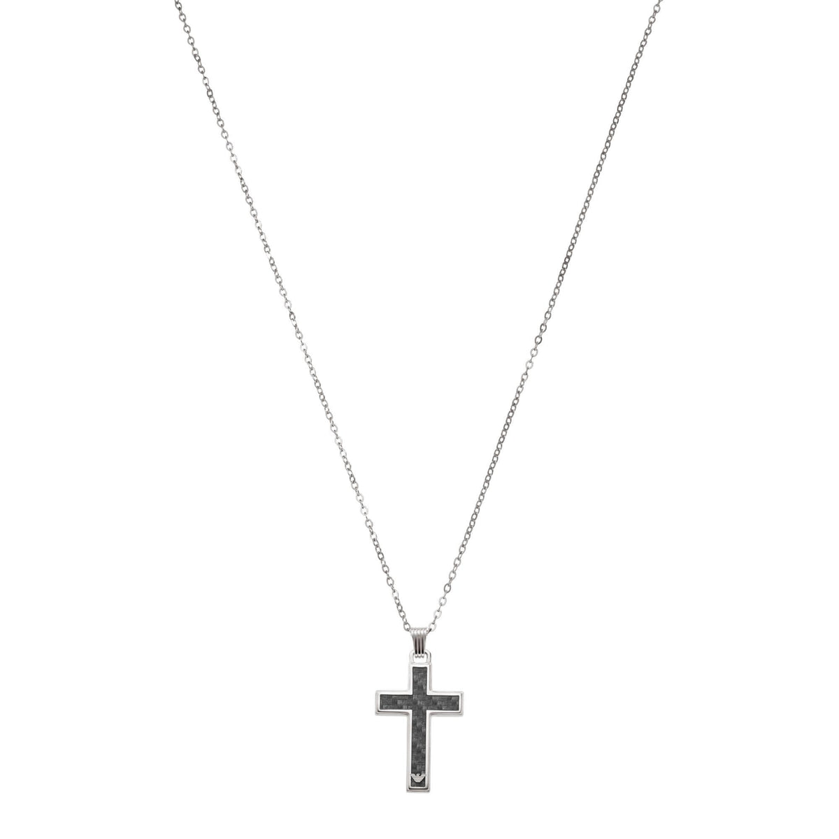 Front view of Emporio Armani mens stainless steel chain necklace and cross pendant with dark fibre insert EGS1705040