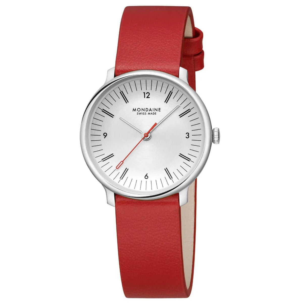 Angled view of Mondaine Doppio white dial watch, highlighting the smooth curved lugs of the silver-tone stainless steel case and the red leather strap