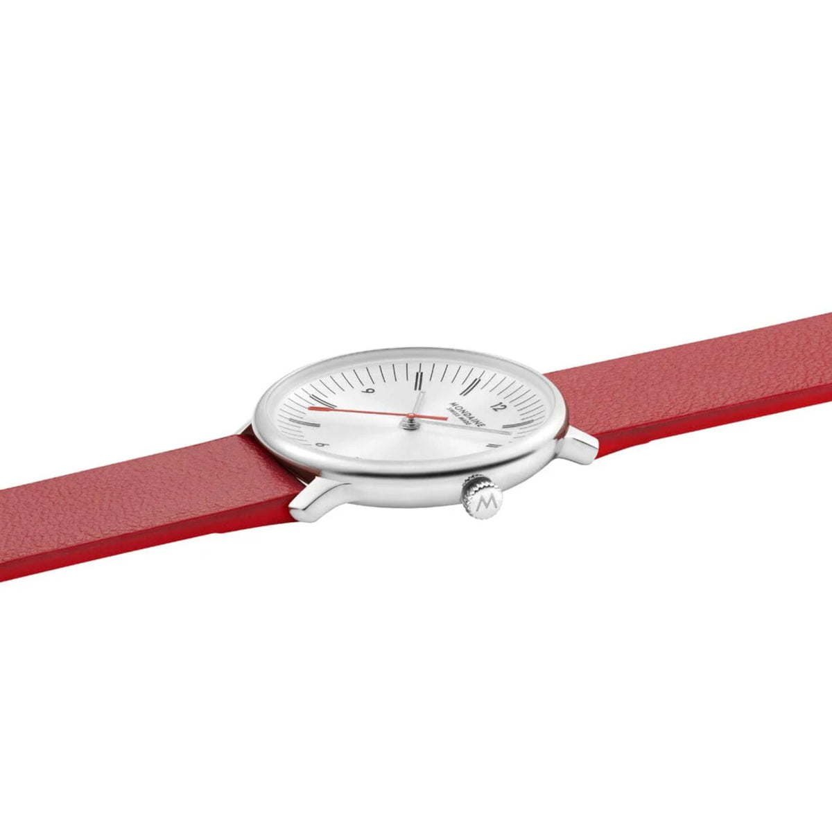 Side perspective view of the Mondaine Doppio watch showcasing its slim silver case design and the textured crown with an engraved 'M' logo against a plain white background