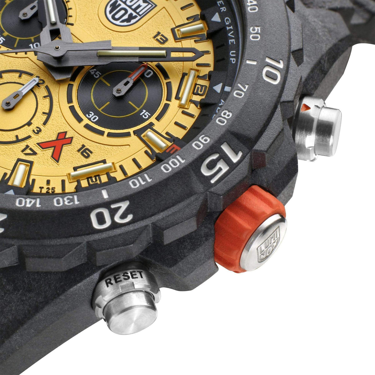 Men's rugged sport watch with yellow dial, black case, and orange crown accents
