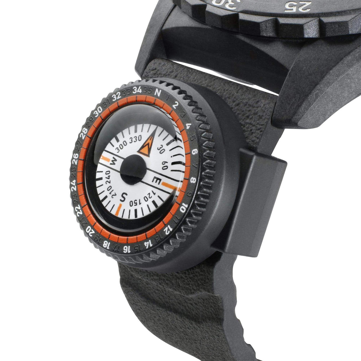 Men's sport watch with dark case, orange bezel ring, and white dial with subdials
