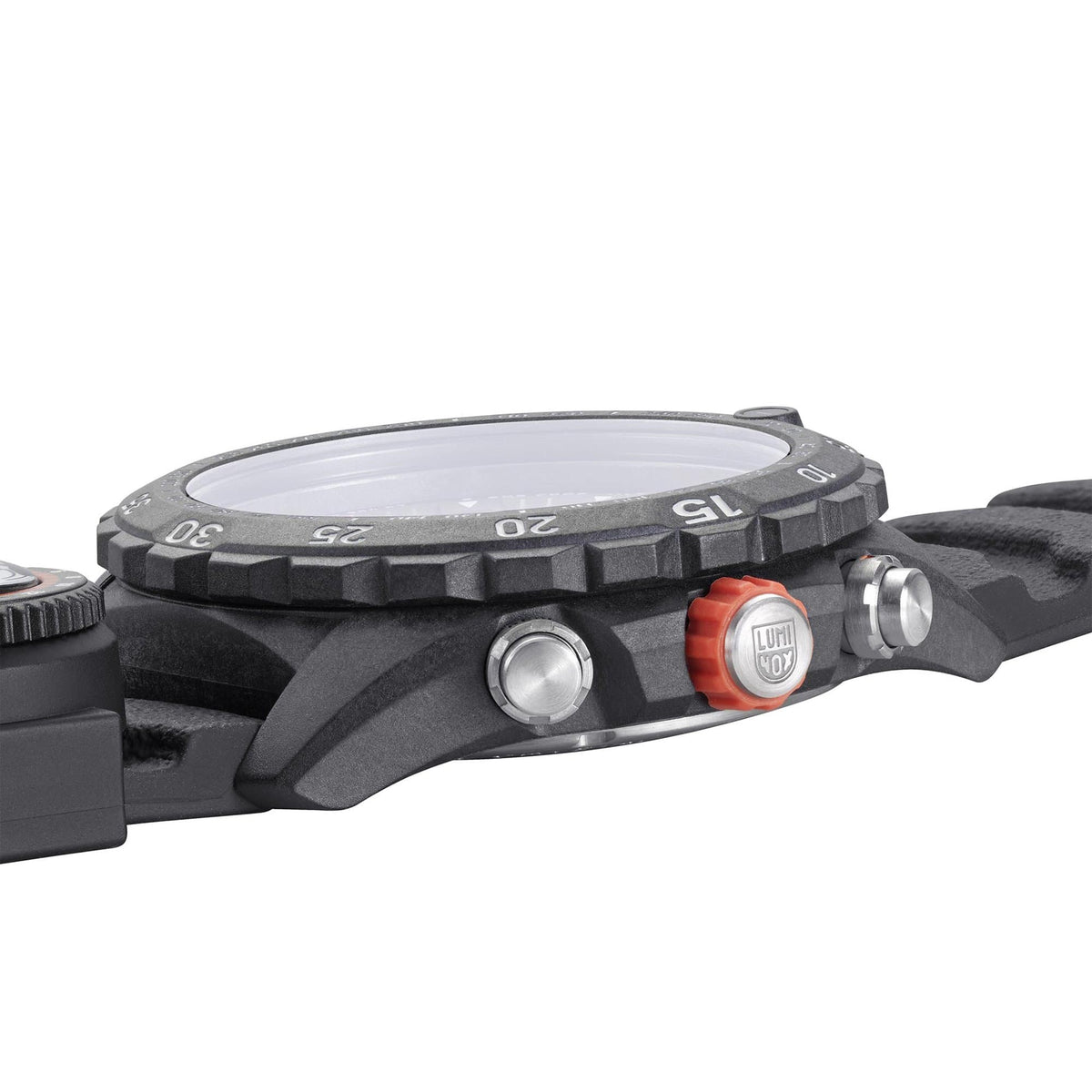 Men's sport watch side view with black case and orange crown button