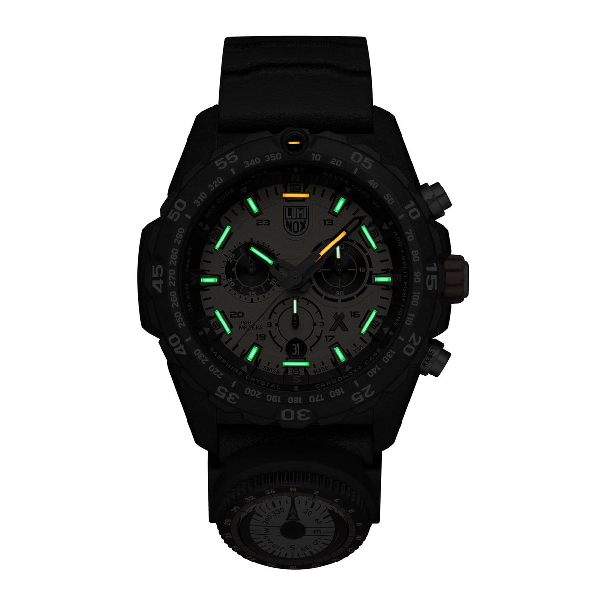 Men's sport watch with black dial, green luminous markers, and black rubber strap