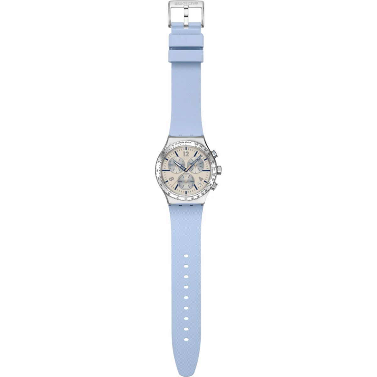 Chronograph wristwatch on light blue rubber strap with silver case and blue dial