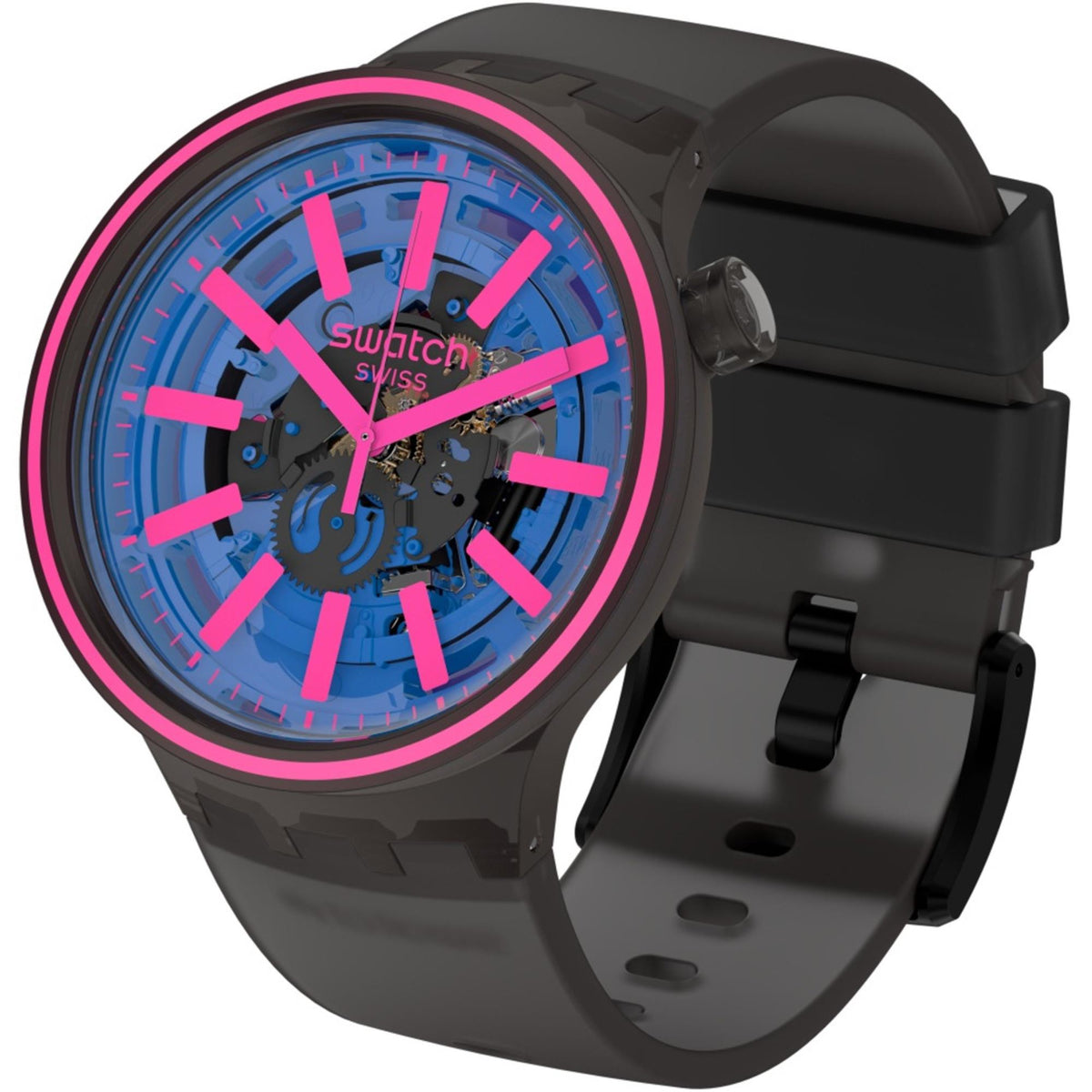 Swatch black silicone strap watch with blue dial and pink bezel accents