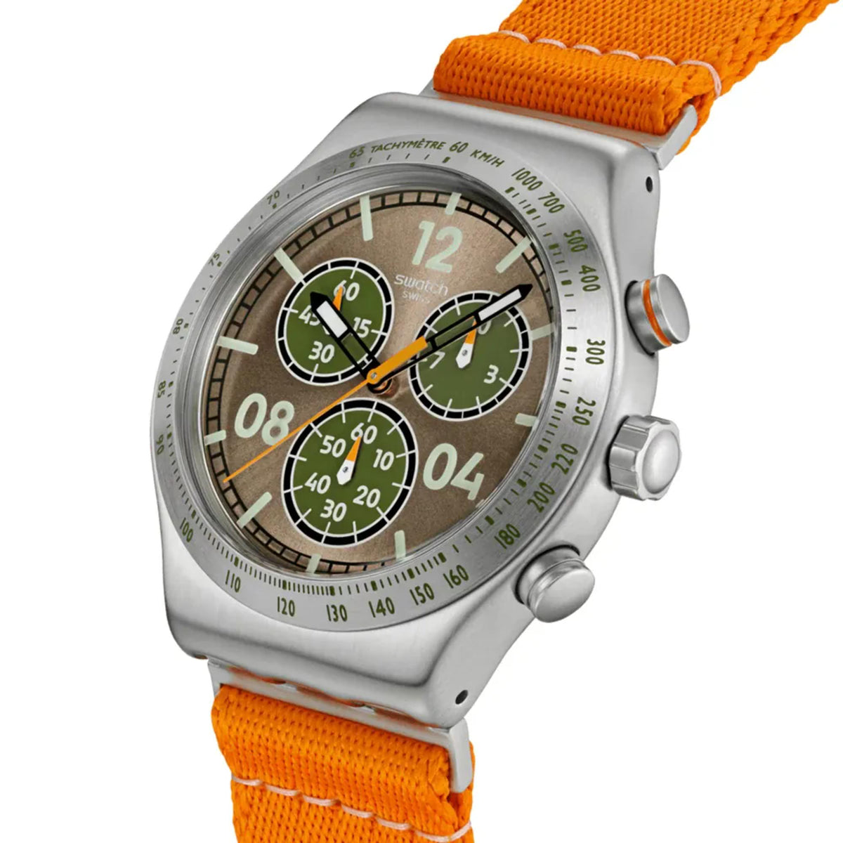 Round silver sport watch with orange textile strap, brown/green chronograph dial.