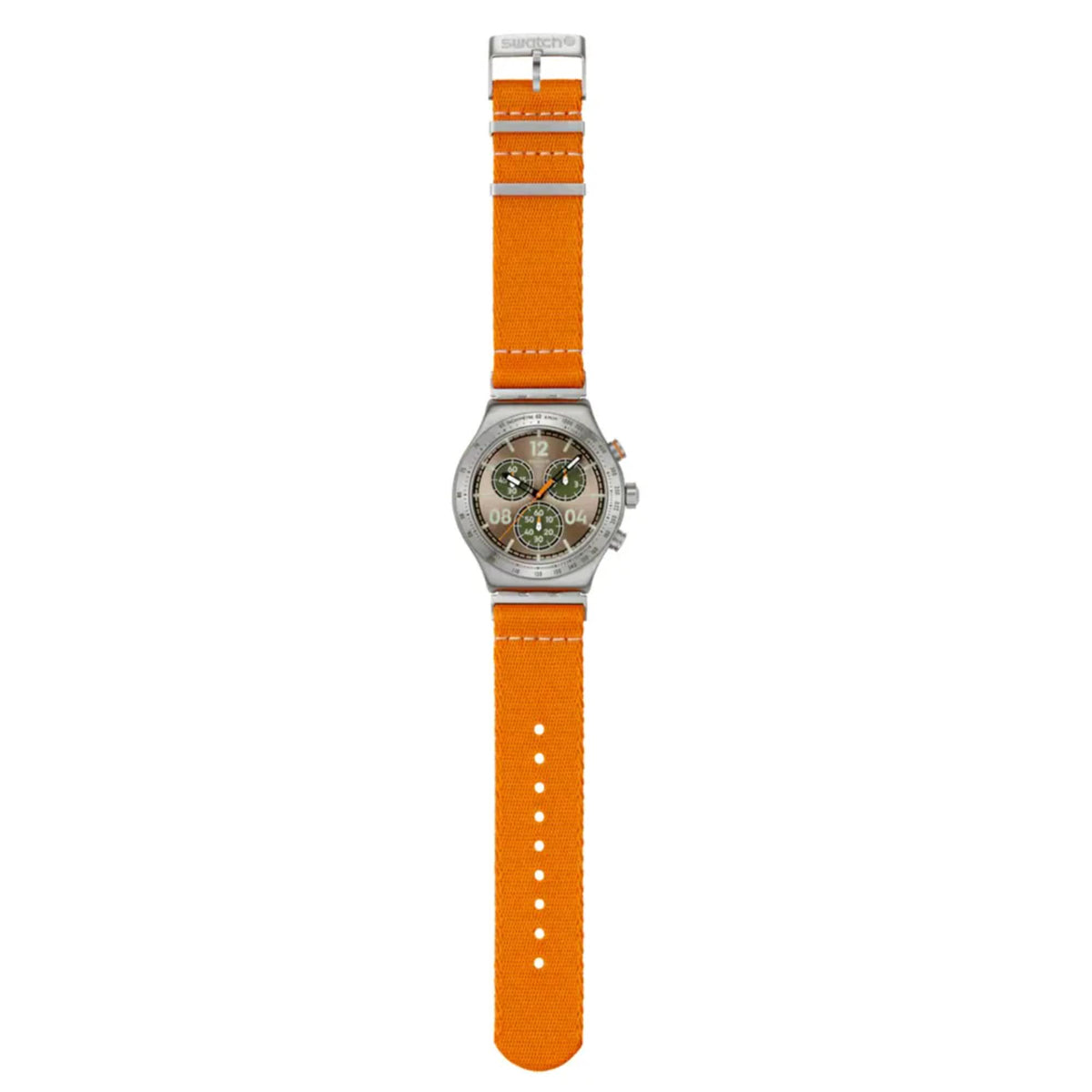 Orange textile strap watch with silver round case and brown chronograph dial.