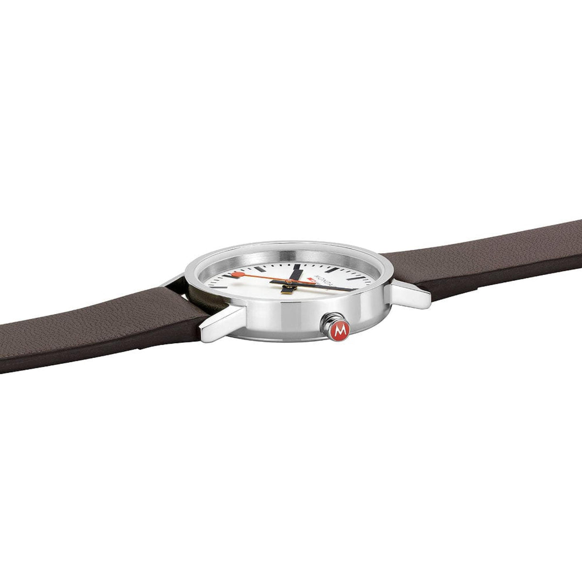 Mondaine Classic A658.30323.11SBGV side perspective view highlighting the polished silver case profile, brown vegan leather strap, and crown with the signature red logo insert