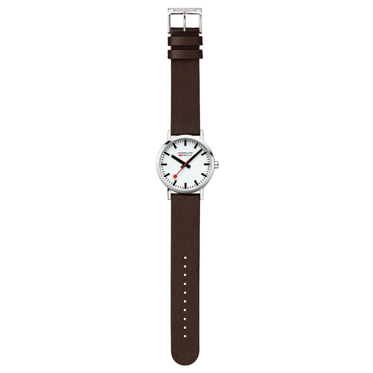 Mondaine Classic 40mm men's quartz watch with brown leather strap and buckle, white dial