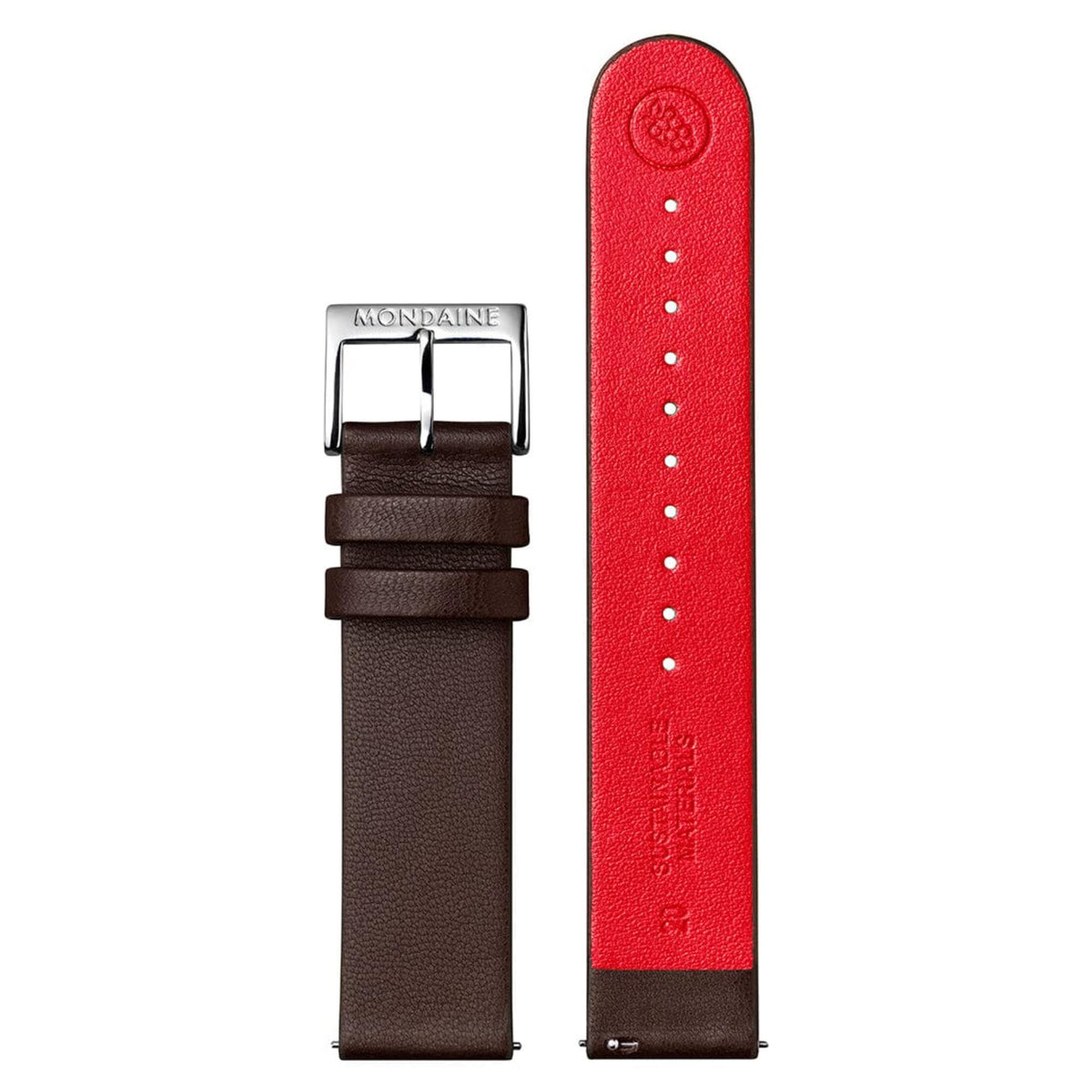 Mondaine Classic 40mm men's quartz watch with brown leather strap and red underside, clasp view