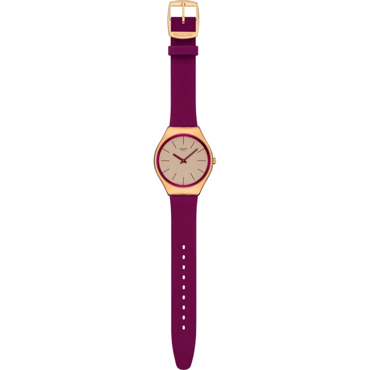 Gold-tone watch with burgundy leather strap, cream dial, red markers
