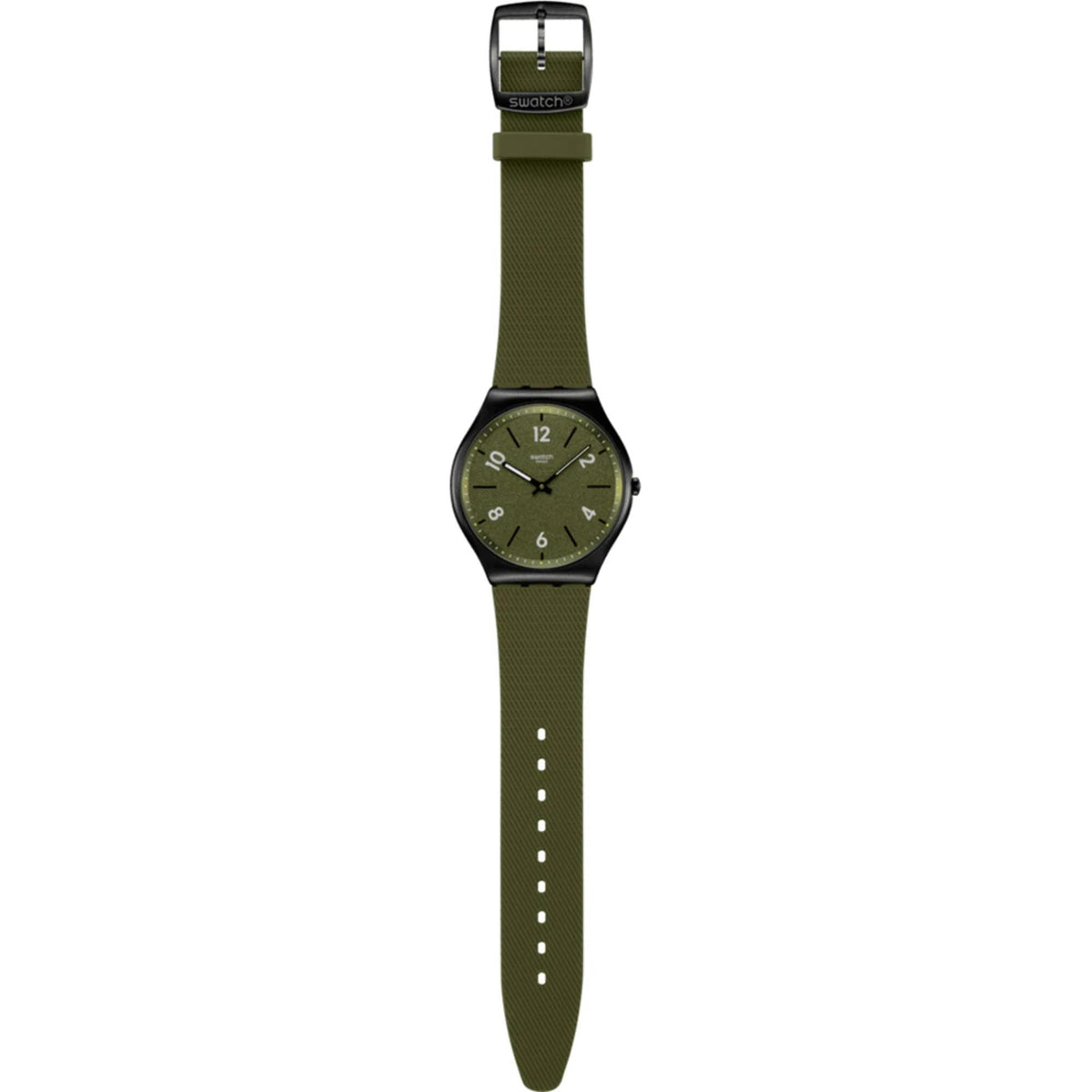Pine green dial rubber strap watch with black case, full view