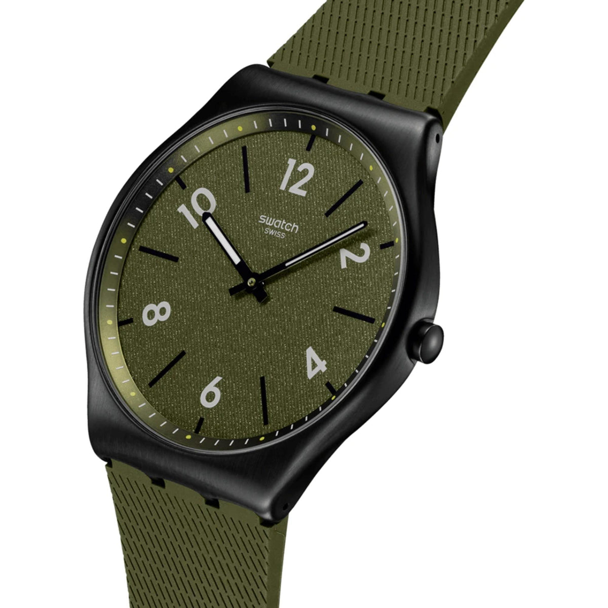 Pine green textured dial rubber strap watch with black bezel and markers