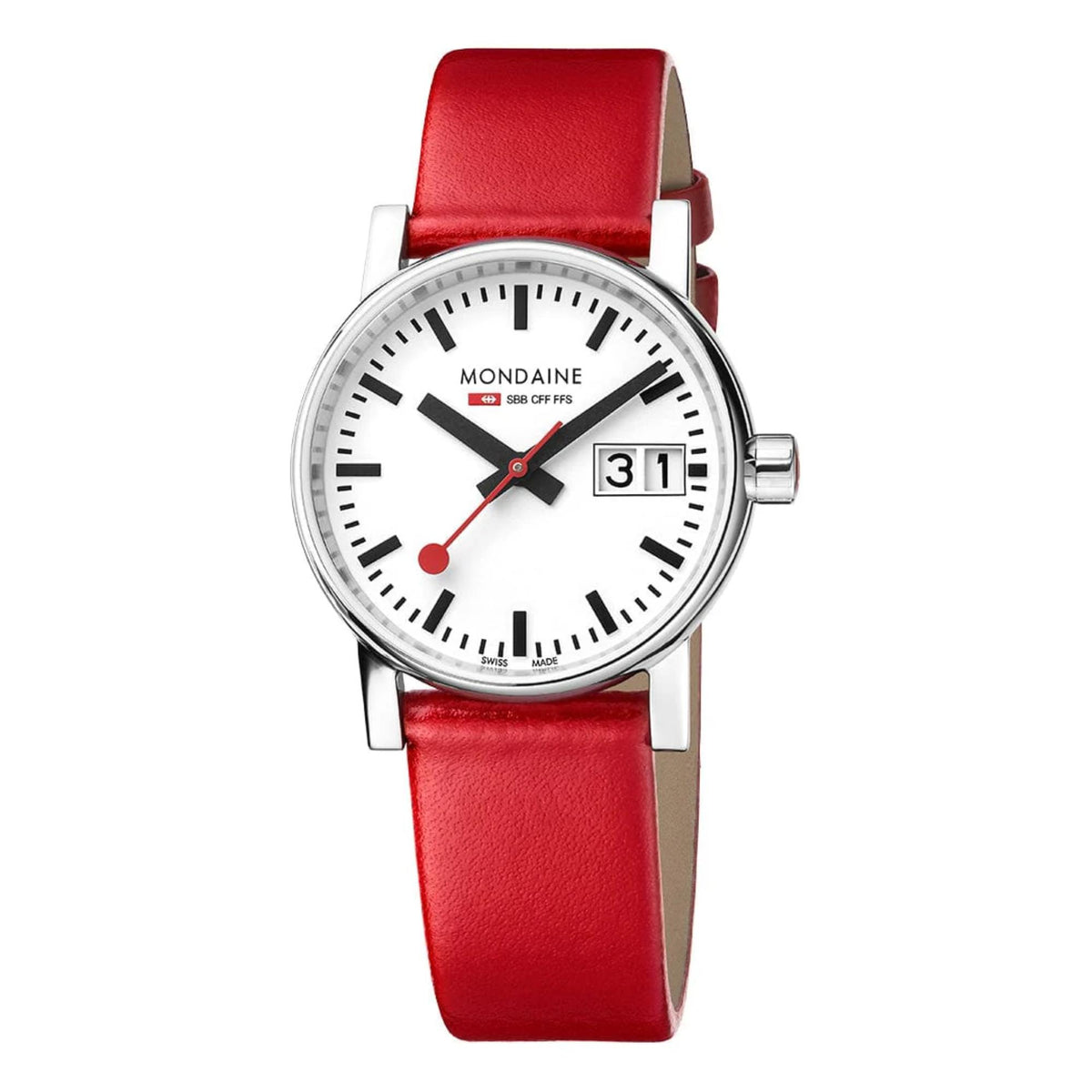 Angled studio view of Mondaine Evo2 MSE.30210.LCV quartz timepiece highlighting the red vegan grape leather band and silver case